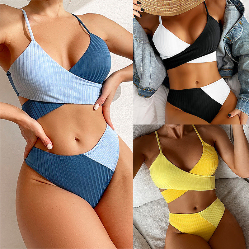 Bikini Patchwork Swimwear Ribbed Women's Swimsuit 2022 Knot Back Beachwear Ruched Butt Biquinis Bathing Suits