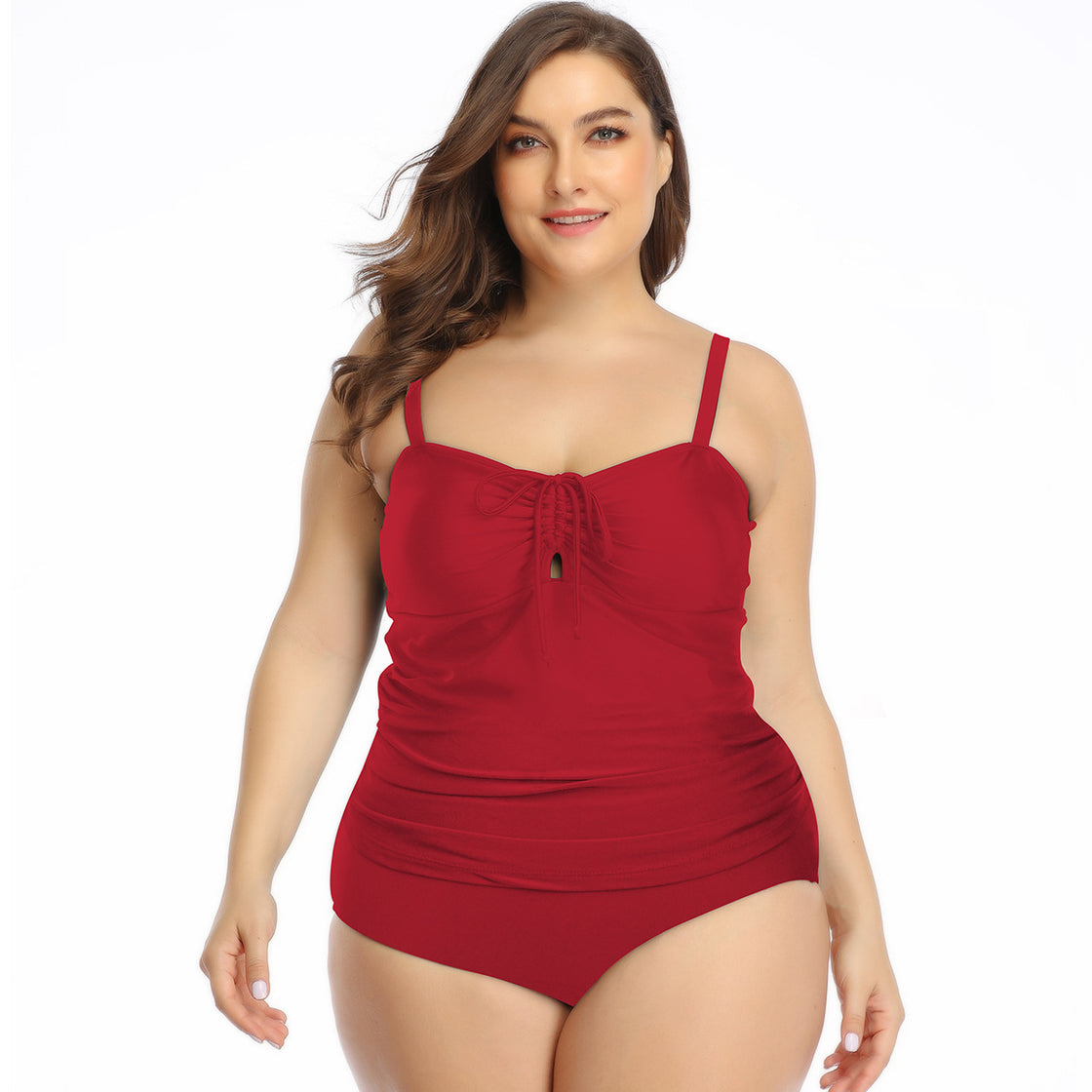 Split Plus Size Swimsuit Smocked Suspenders Solid Color Bikini