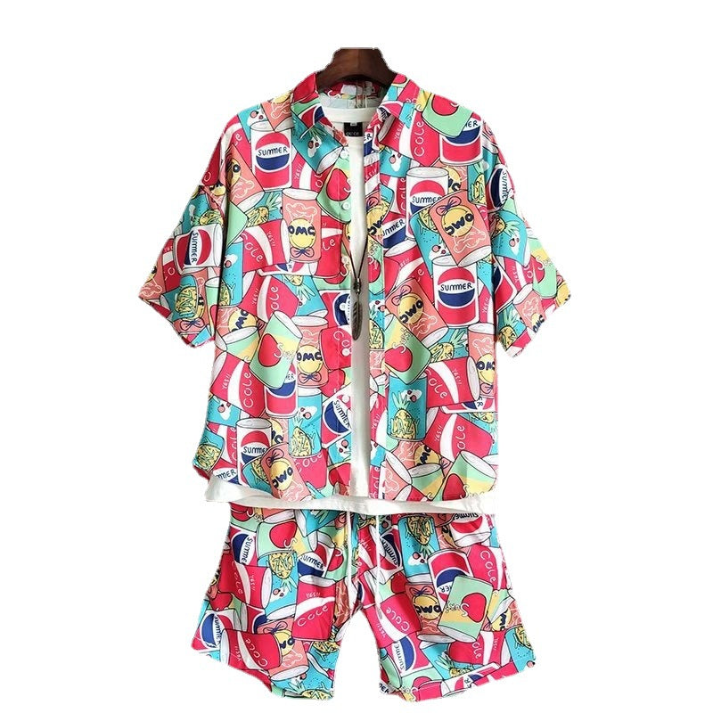 Beach Flower Short Sleeved Men's Shirt And Shorts Two Piece Suit