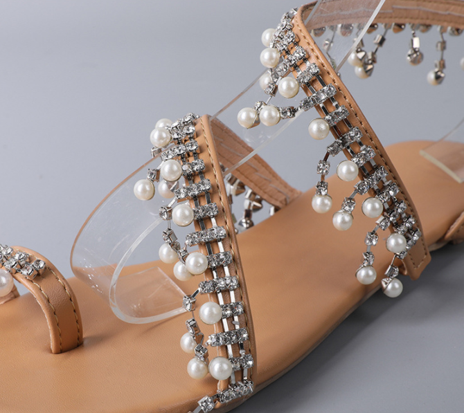 Handmade Pearl Beaded Roman Ladies Sandals Flat with Flat Toe Toe Beach Sandals