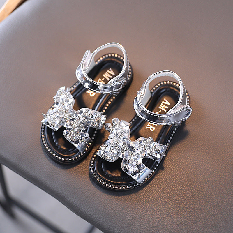 Girls Sandals Rhinestone Princess Sandals Girls Bright Leather Toe Beach Shoes