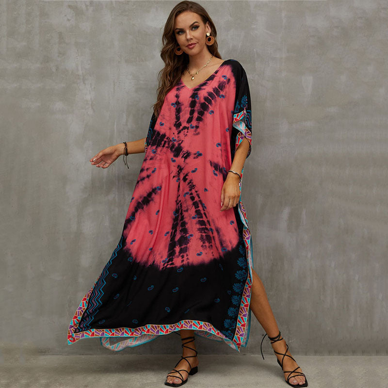 Fashion Printed Beach Blouse V Neck Gown