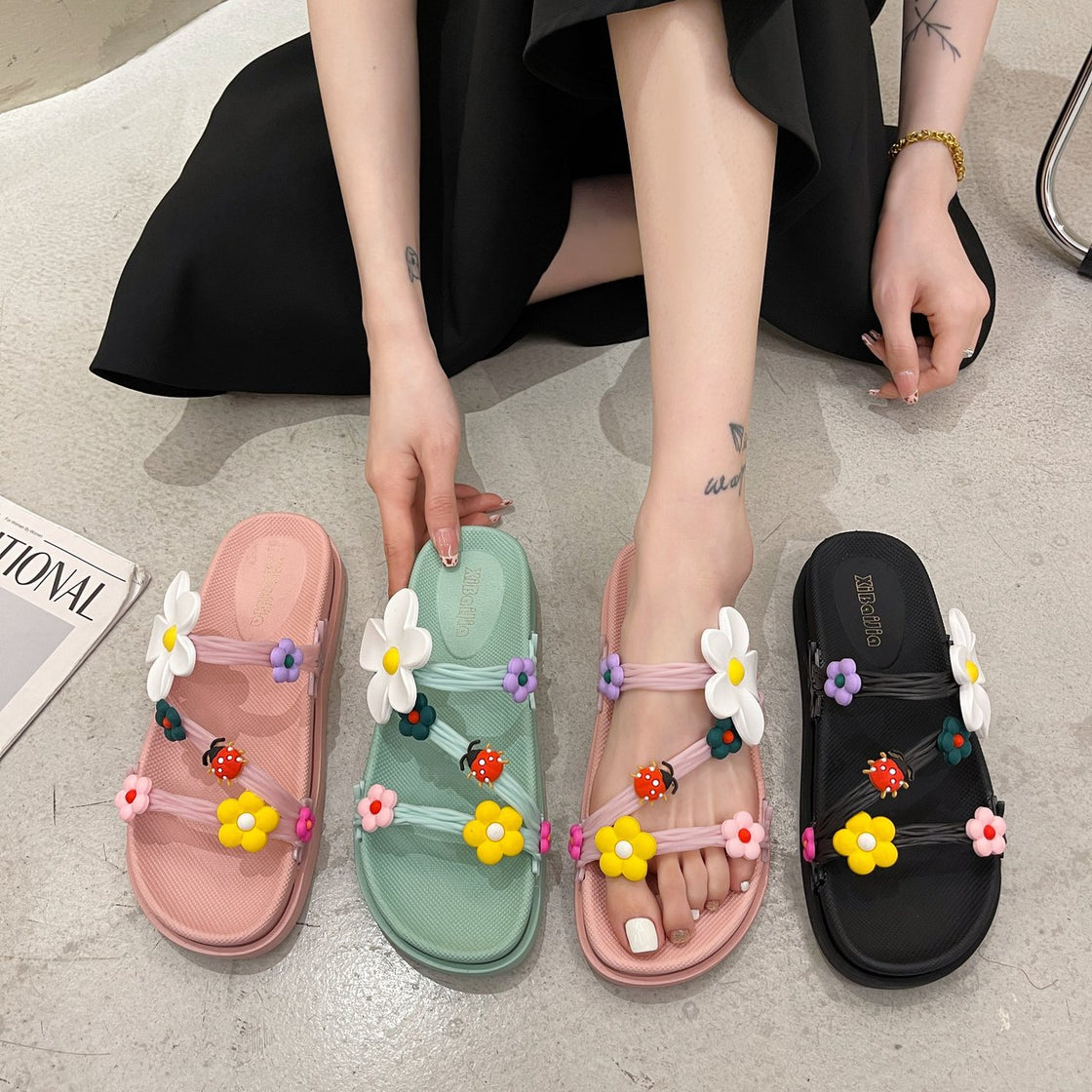 Beach Sandals And Slippers With Flowers On Beach Shoes