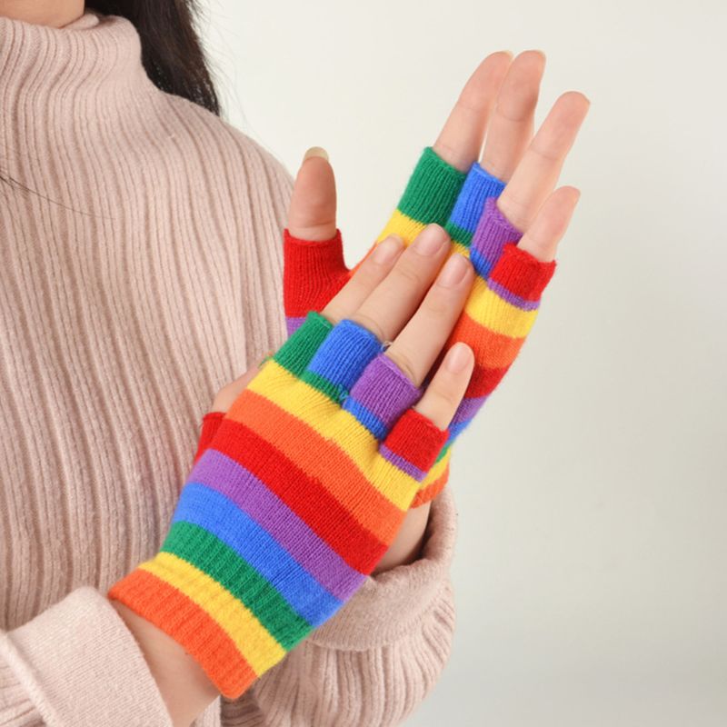 Colorful Rainbow Striped Fingerless Gloves