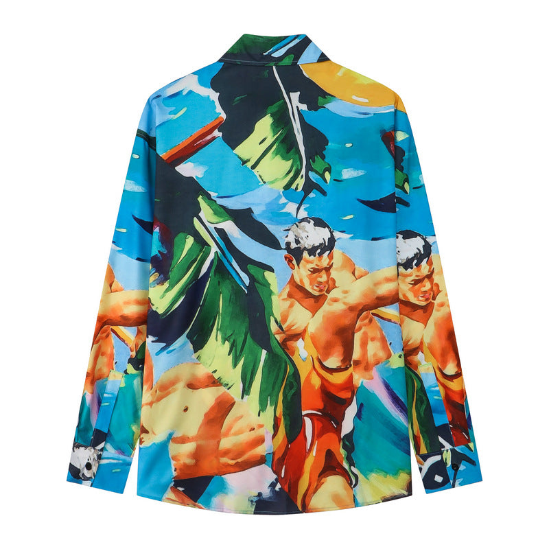 Retro Digital Print Beach Mens Casual Shirt