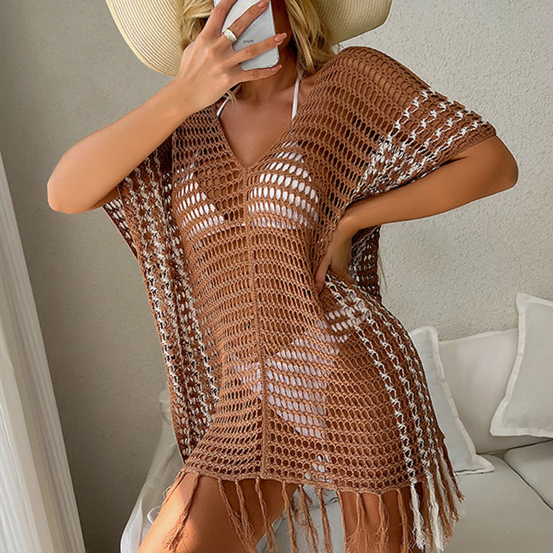 Contrasting Pullover V-Neck Fringed Bikini Beach Blouse