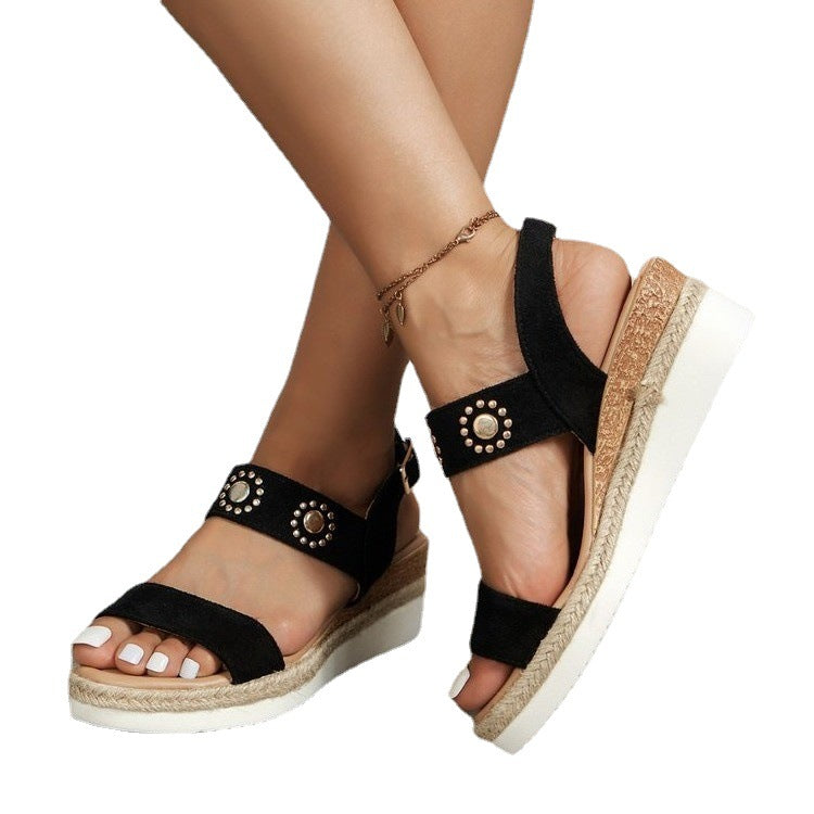 Sandals Plus Size Hemp Rope Buckle Wedge Beach