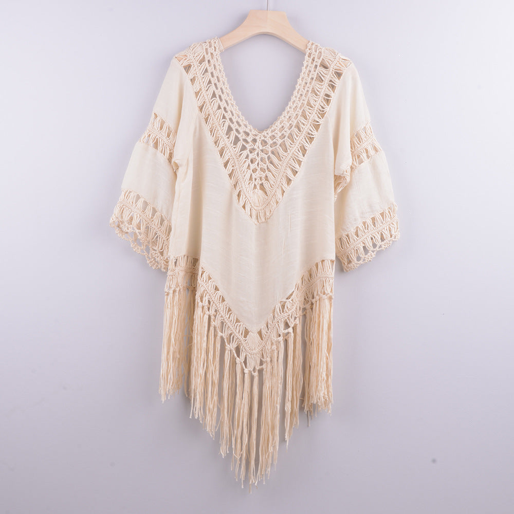 Solid Color Cutout Beach Irregular Fringe Blouse