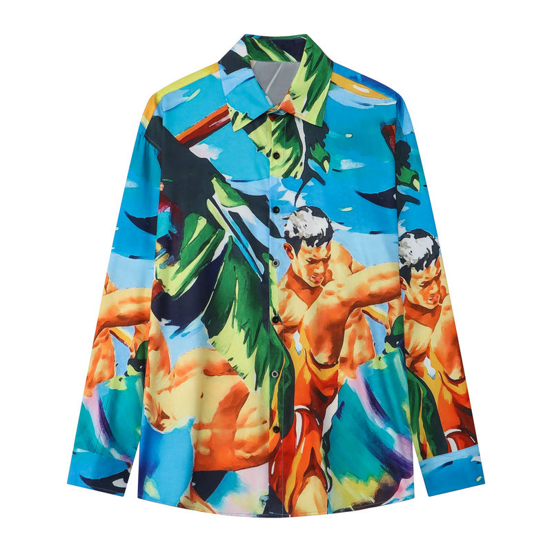 Retro Digital Print Beach Mens Casual Shirt