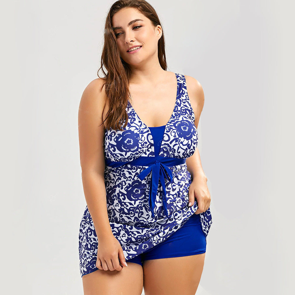 Print plus-size skirt split swimsuit