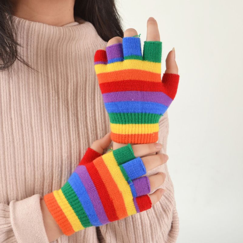 Colorful Rainbow Striped Fingerless Gloves for adults