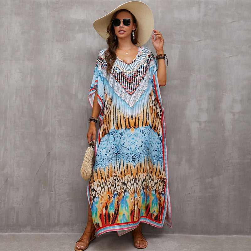 Fashion Printed Beach Blouse V Neck Gown