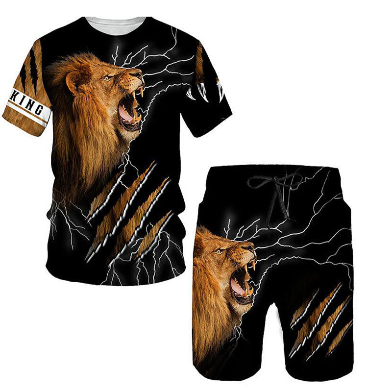 Ferocious Lion Summer 3D Printed Tracksuit O Neck Short Sleeve Men's Clothing Suit