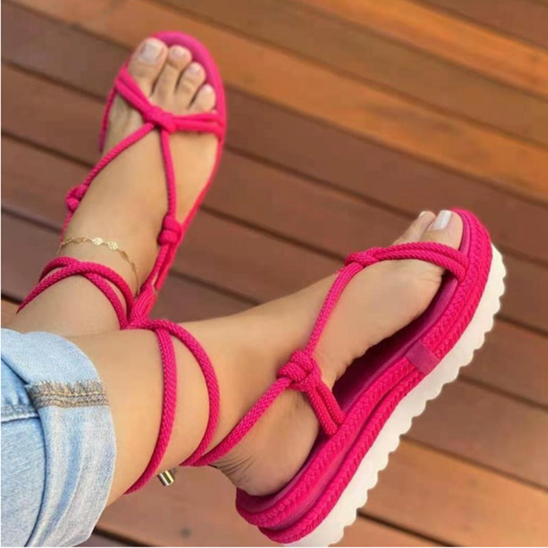 Lace-up Braided Hemp Strap Platform Beach Sandals