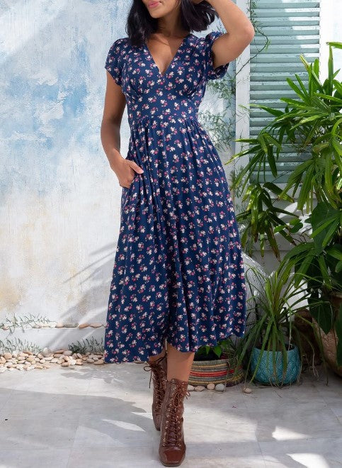 Boho Dress Maxi Beach Print Slim Fit