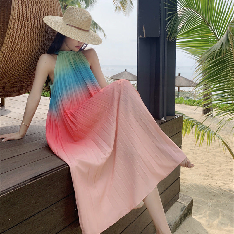 Loose Big Swing Beach Seaside Holiday Pleated Dress