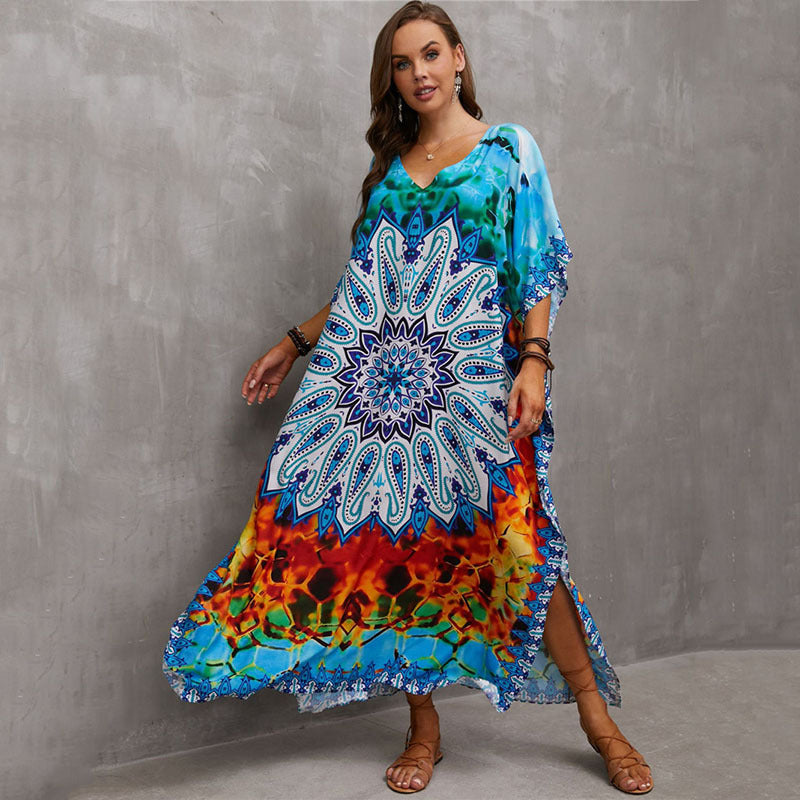 Fashion Printed Beach Blouse V Neck Gown