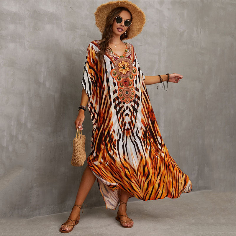 Fashion Printed Beach Blouse V Neck Gown