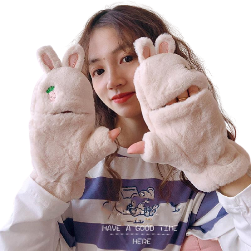 Winter Female Lovely Korean Version Writing Dew Finger Warm And Thick Velvet Gloves