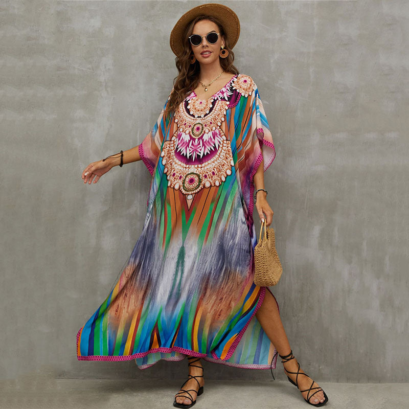 Fashion Printed Beach Blouse V Neck Gown