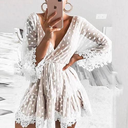 V Neck Party Beach Mesh Dress Backless Flare Sleeve Vestidos