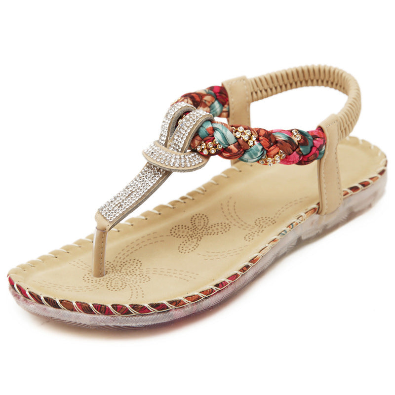 New sandals female summer rhinestone flat bottom simple sweet beach shoes pinch bohemian sandals and slippers ladies