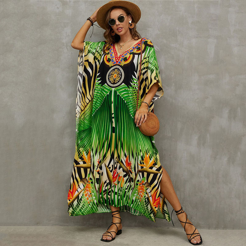 Fashion Printed Beach Blouse V Neck Gown