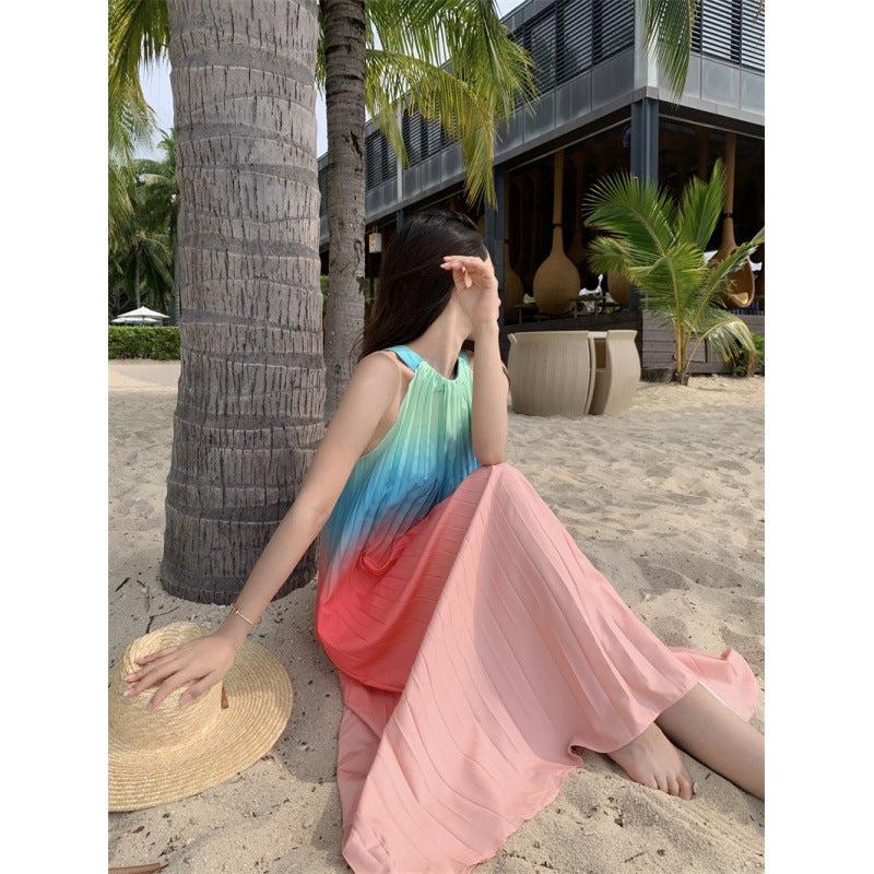 Loose Big Swing Beach Seaside Holiday Pleated Dress