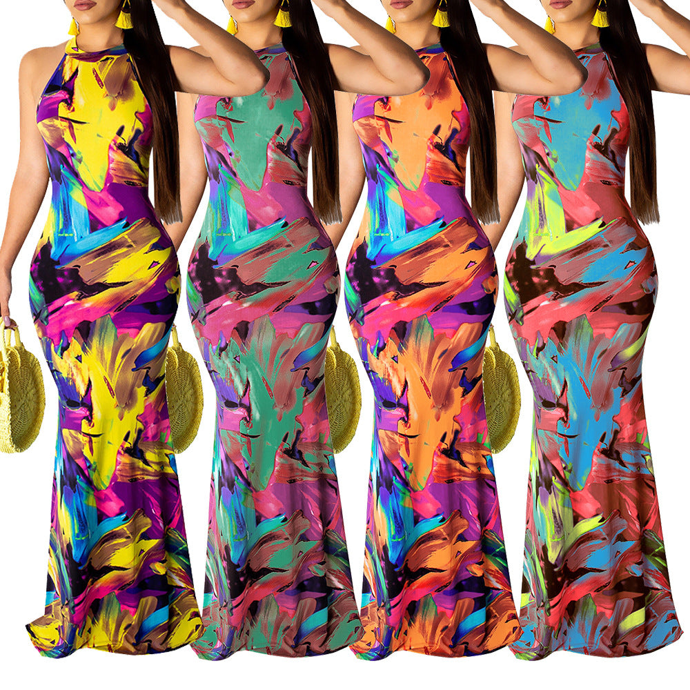 Printed beach evening dress