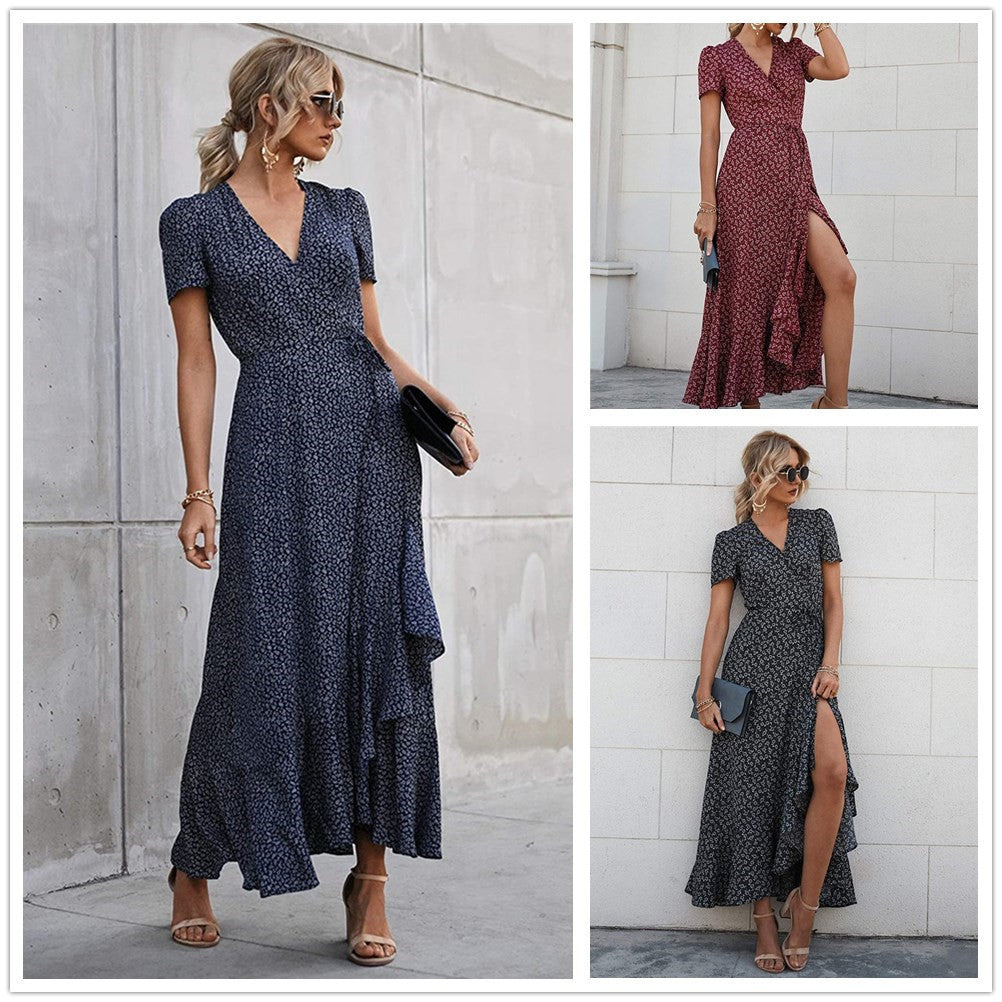 V-Neck Short Sleeve Pleated Hem Beach Maxi Dress