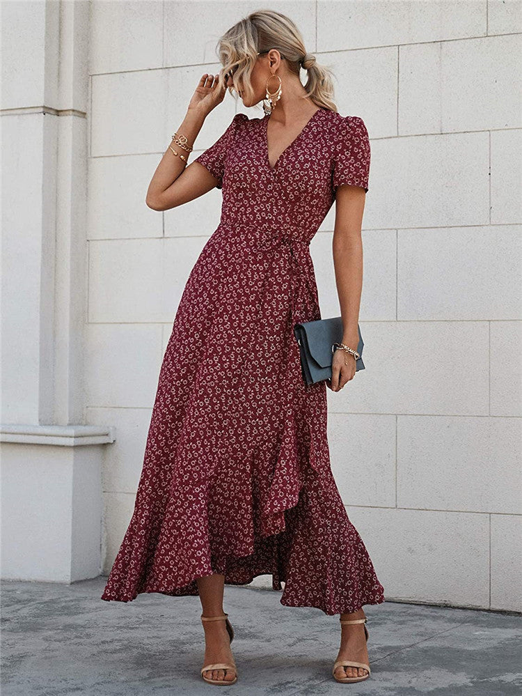 V-Neck Short Sleeve Pleated Hem Beach Maxi Dress