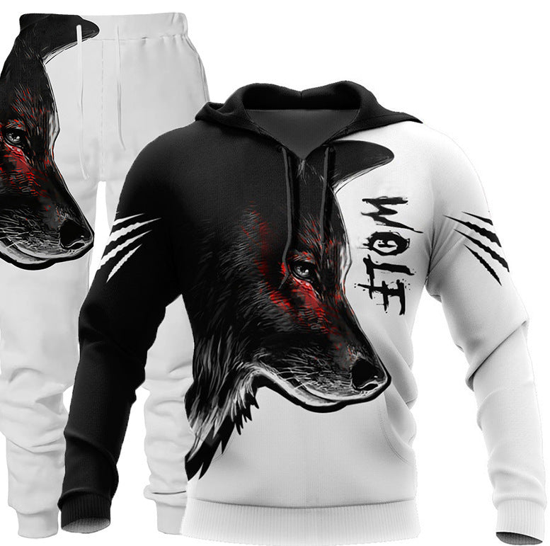 3D Wolf Print Tracksuit Men Sportswear Hooded Sweatsuit Two Piece Outdoors Running Fitness Men Jogging Set