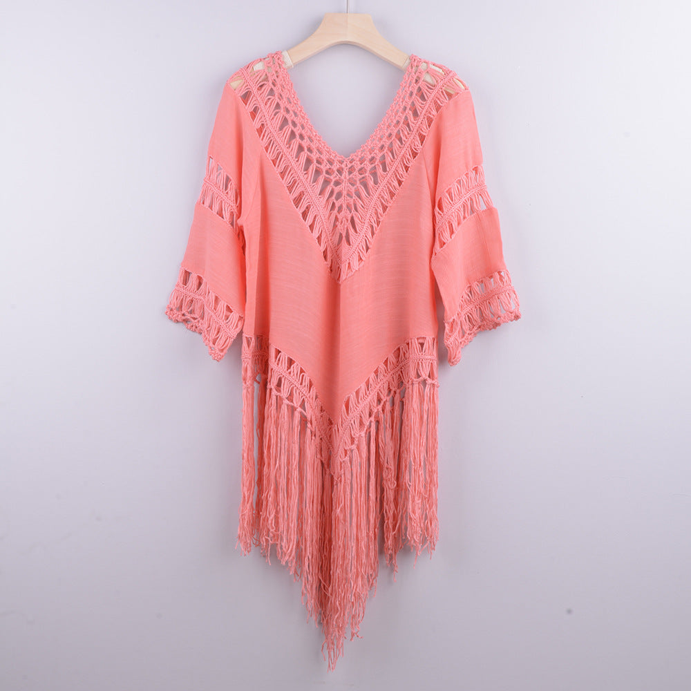 Solid Color Cutout Beach Irregular Fringe Blouse