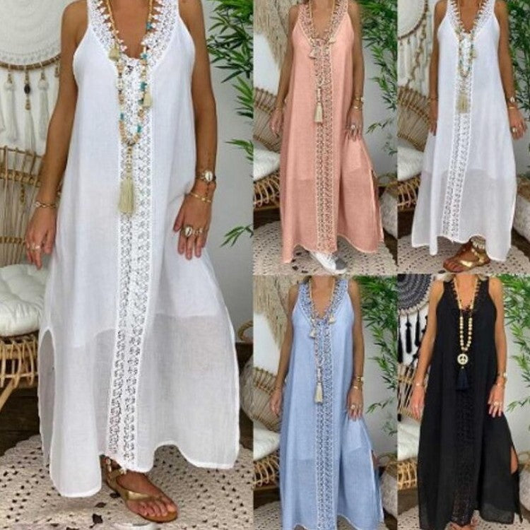 Lace Stitching Long Sleeveless Slit Beach Dress