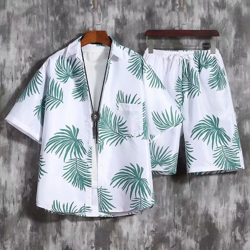 Beach Flower Short Sleeved Men's Shirt And Shorts Two Piece Suit