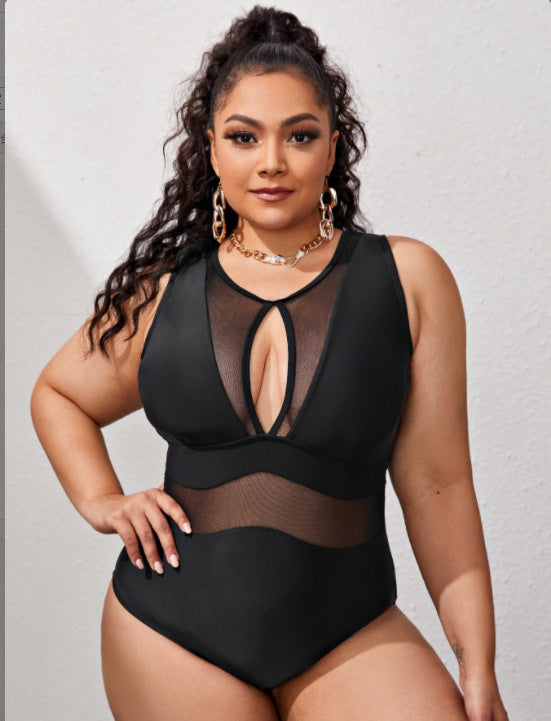 New Plus Size Solid Color Stitching One-piece Bikini Swimsuit