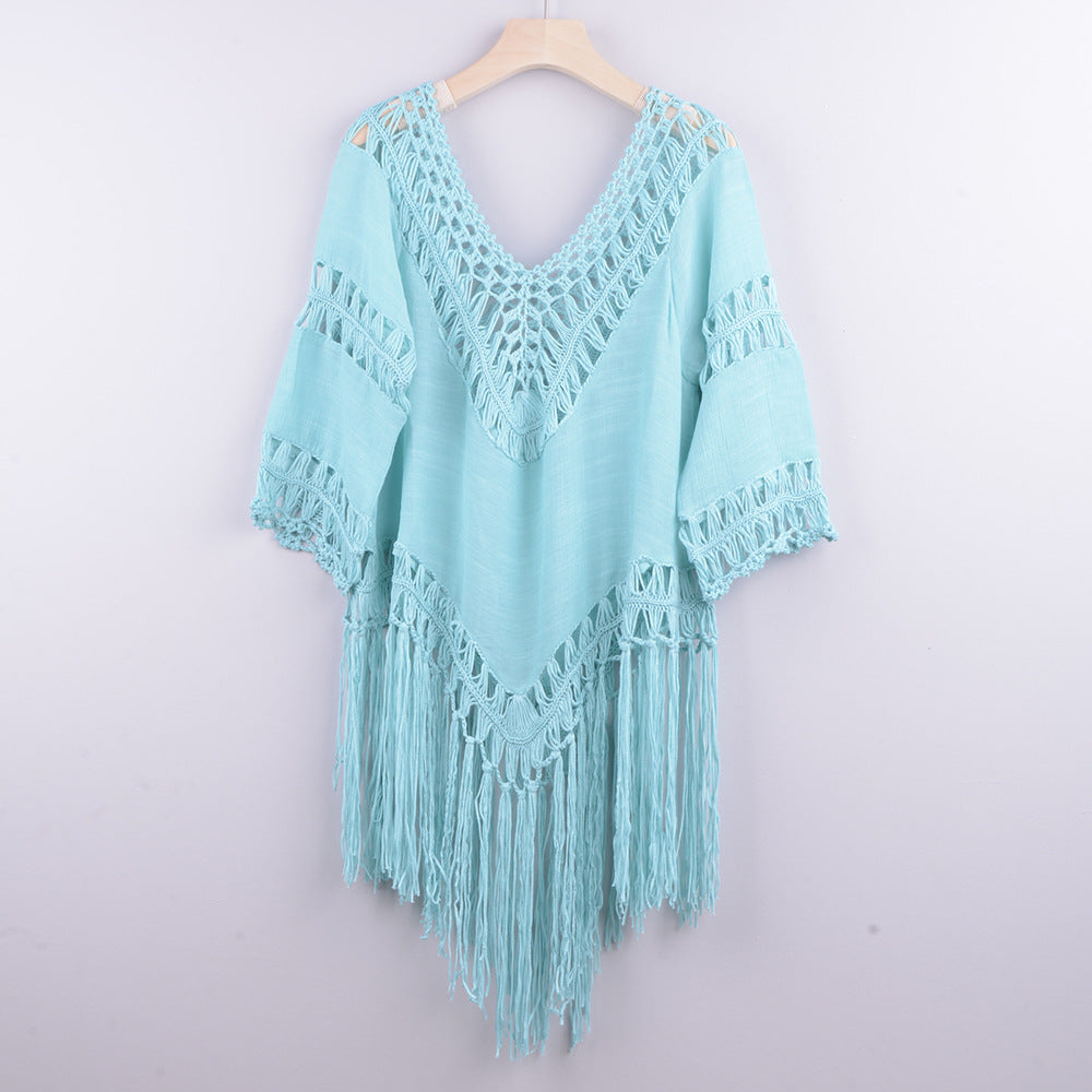 Solid Color Cutout Beach Irregular Fringe Blouse