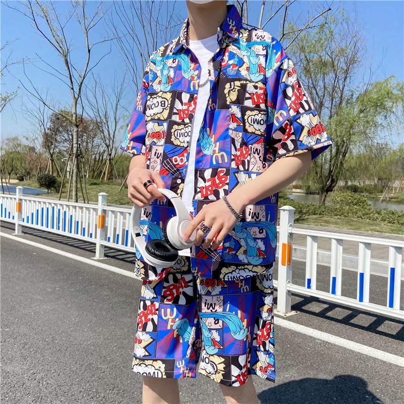 Beach Flower Short Sleeved Men's Shirt And Shorts Two Piece Suit