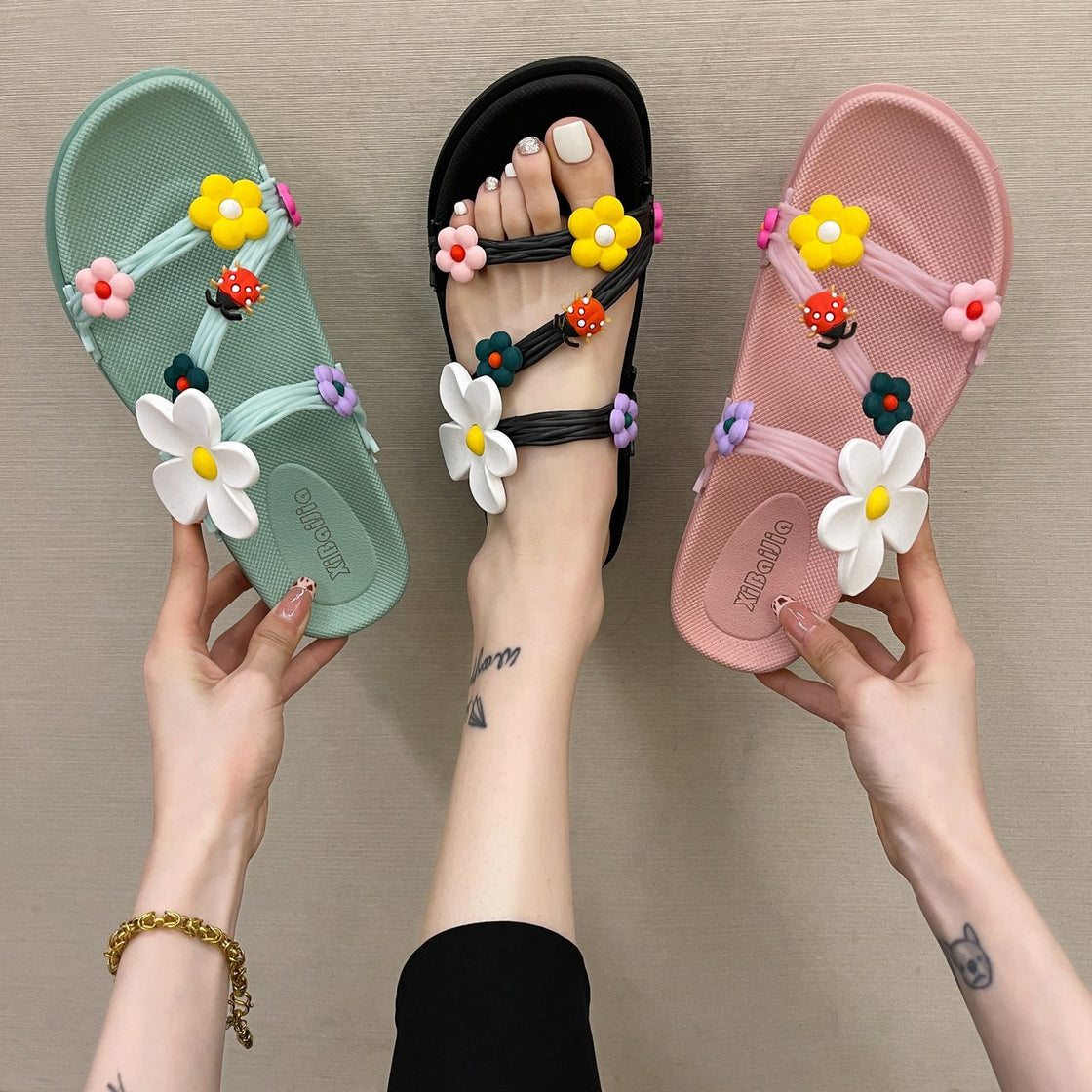 Beach Sandals And Slippers With Flowers On Beach Shoes