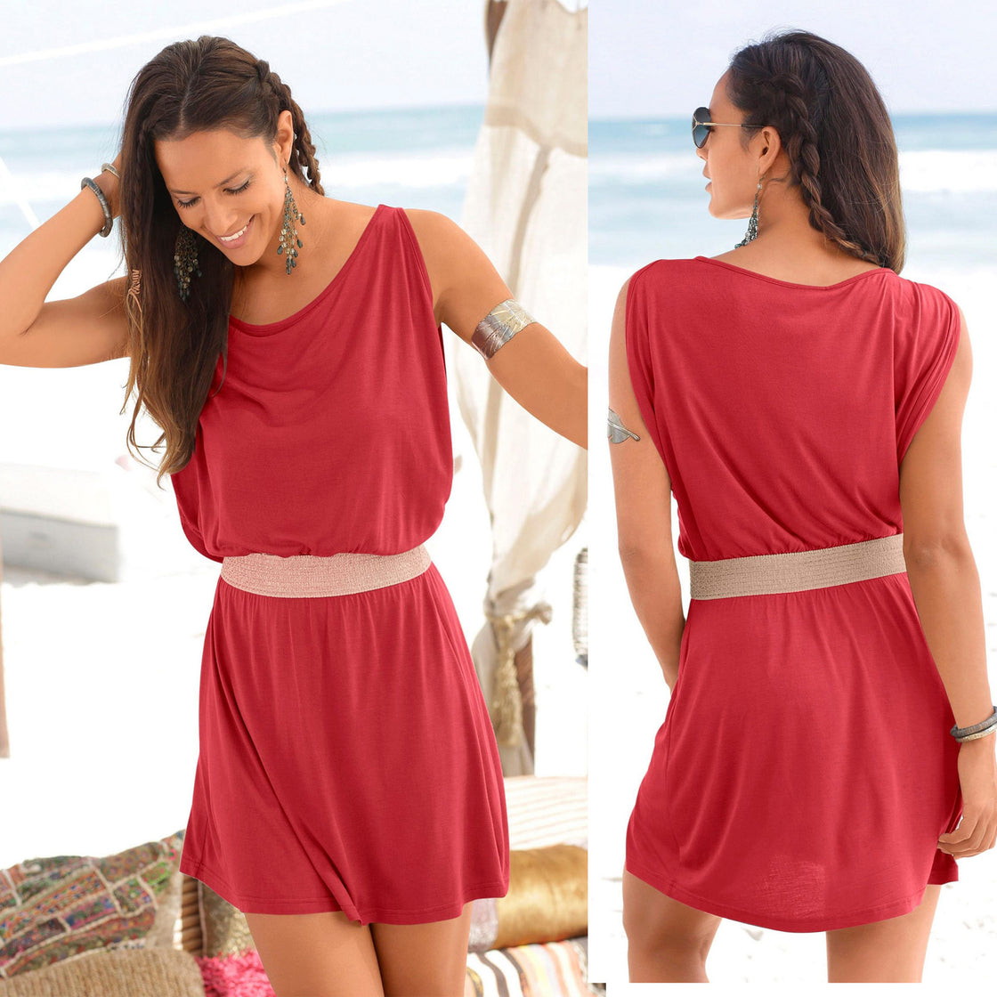 Women's Solid Color Stitching Gold Line Elastic Waist Loose Dress Women's Beach Casual Dress