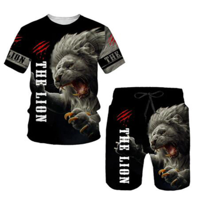 Ferocious Lion Summer 3D Printed Tracksuit O Neck Short Sleeve Men's Clothing Suit