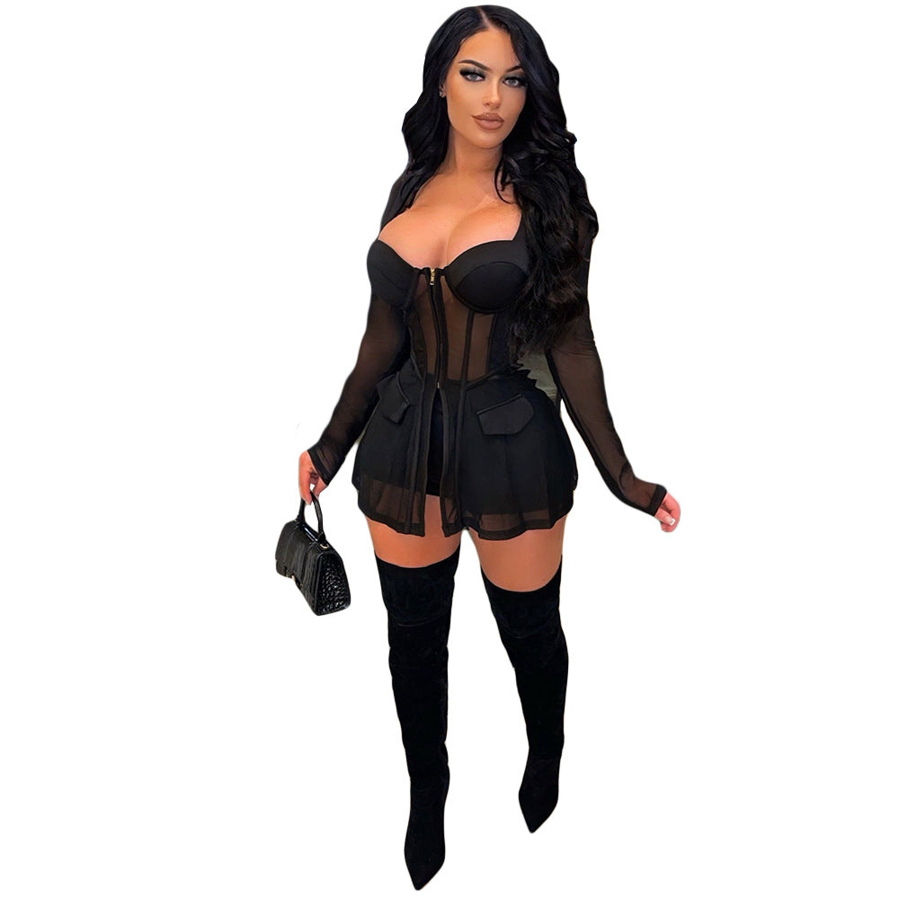 Gauze Mesh Sheer Two Piece Sportswear Women Beachwear Zip Top Black Shorts Set