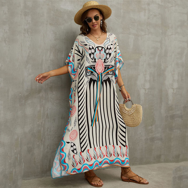 Fashion Printed Beach Blouse V Neck Gown