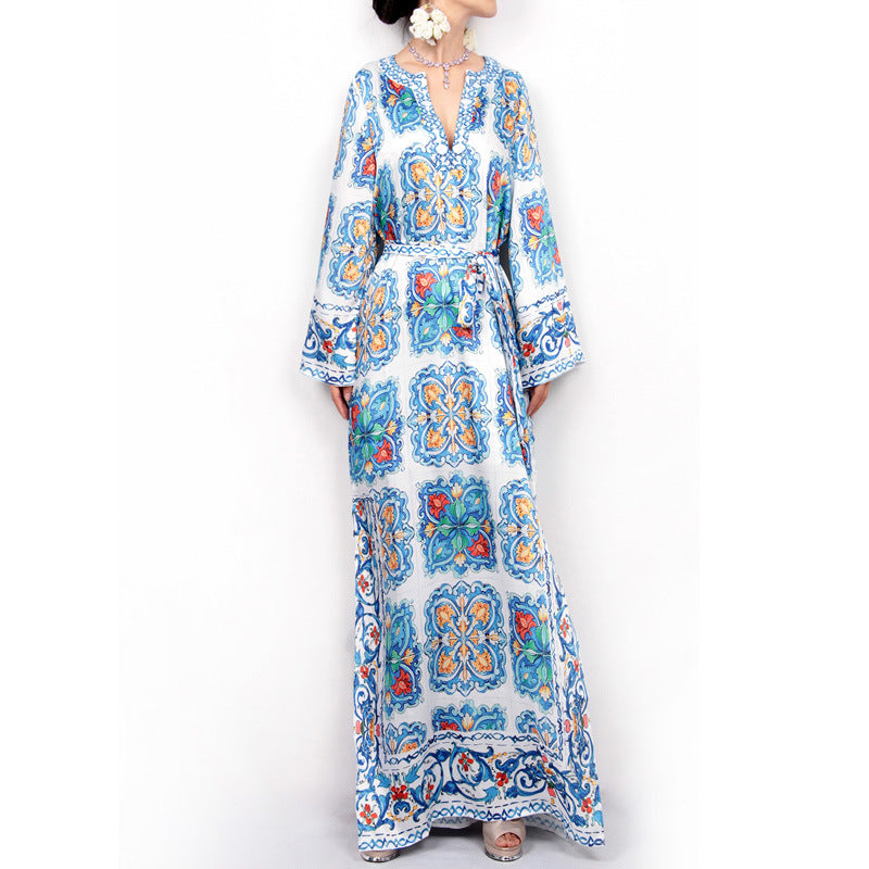 Women's Bohemian Beach Blue And White Porcelain Printed Dress