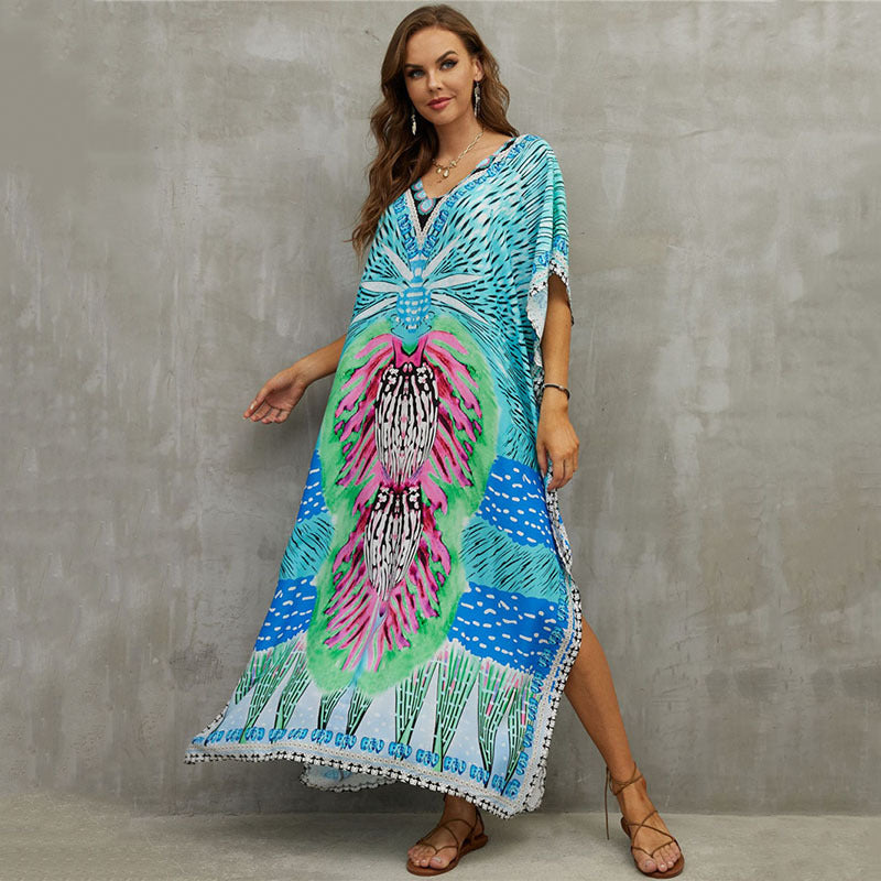 Fashion Printed Beach Blouse V Neck Gown