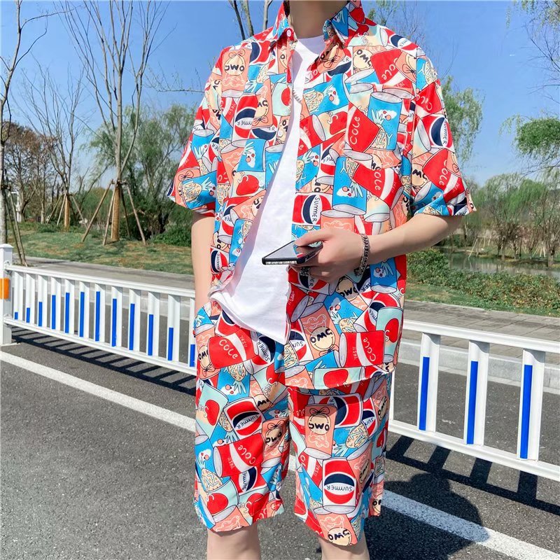 Beach Flower Short Sleeved Men's Shirt And Shorts Two Piece Suit