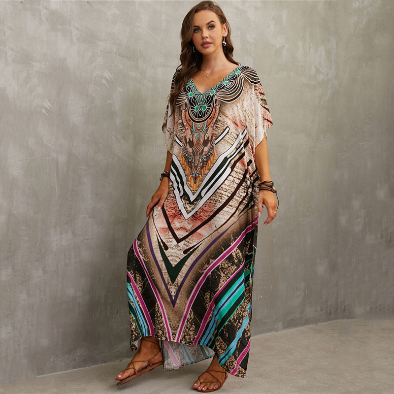 Fashion Printed Beach Blouse V Neck Gown