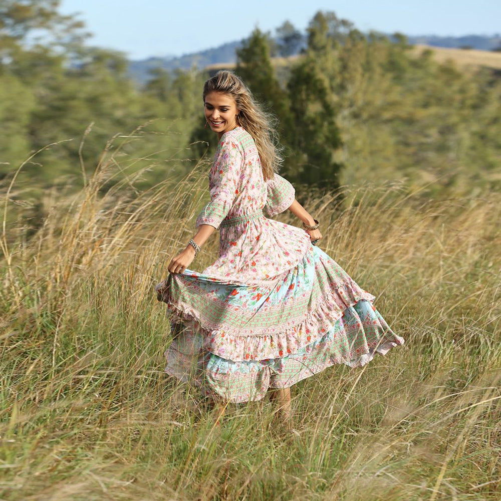 Beach Resort Style Pleated Print Dress