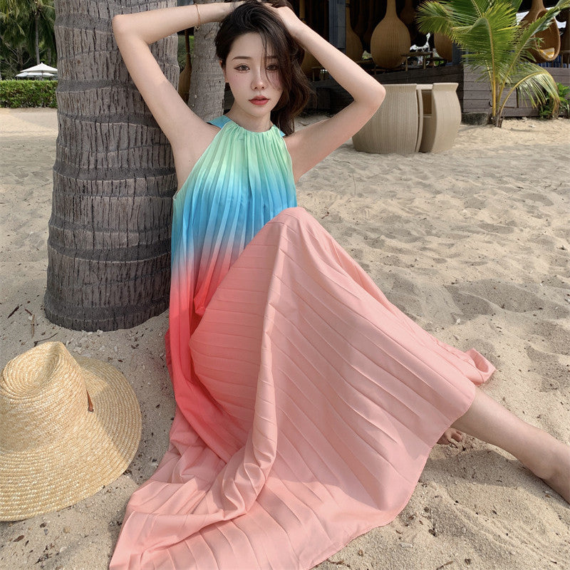 Loose Big Swing Beach Seaside Holiday Pleated Dress