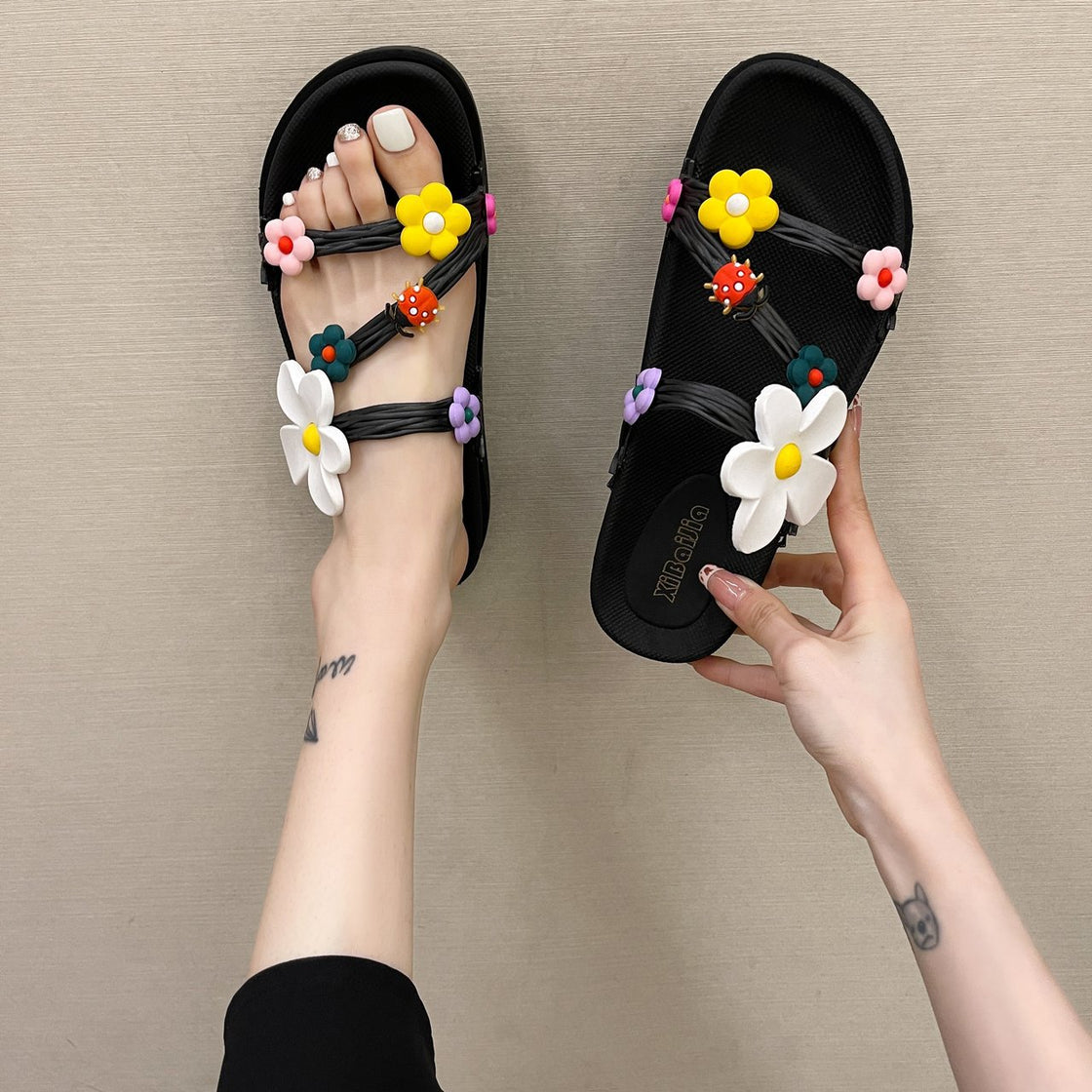 Beach Sandals And Slippers With Flowers On Beach Shoes